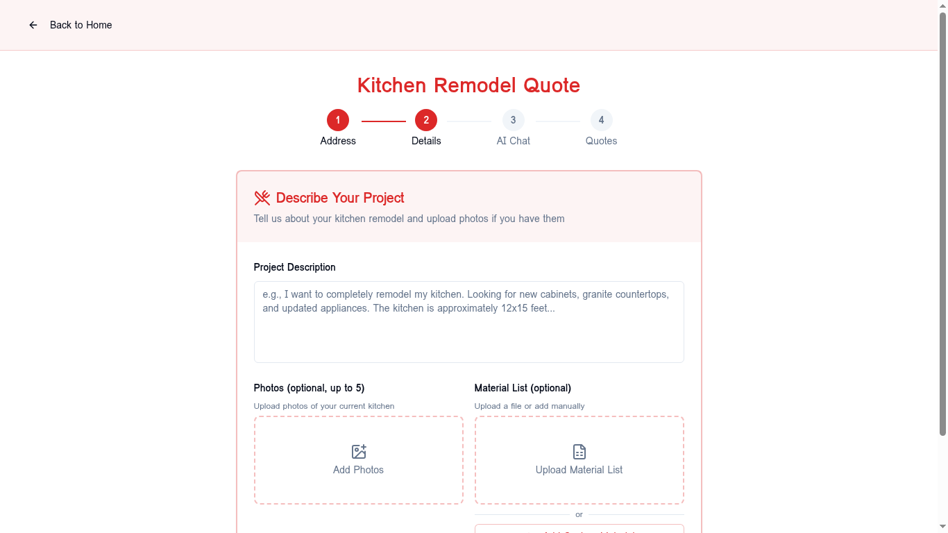 Kitchen remodel quote form where the homeowner describes their project and uploads photos