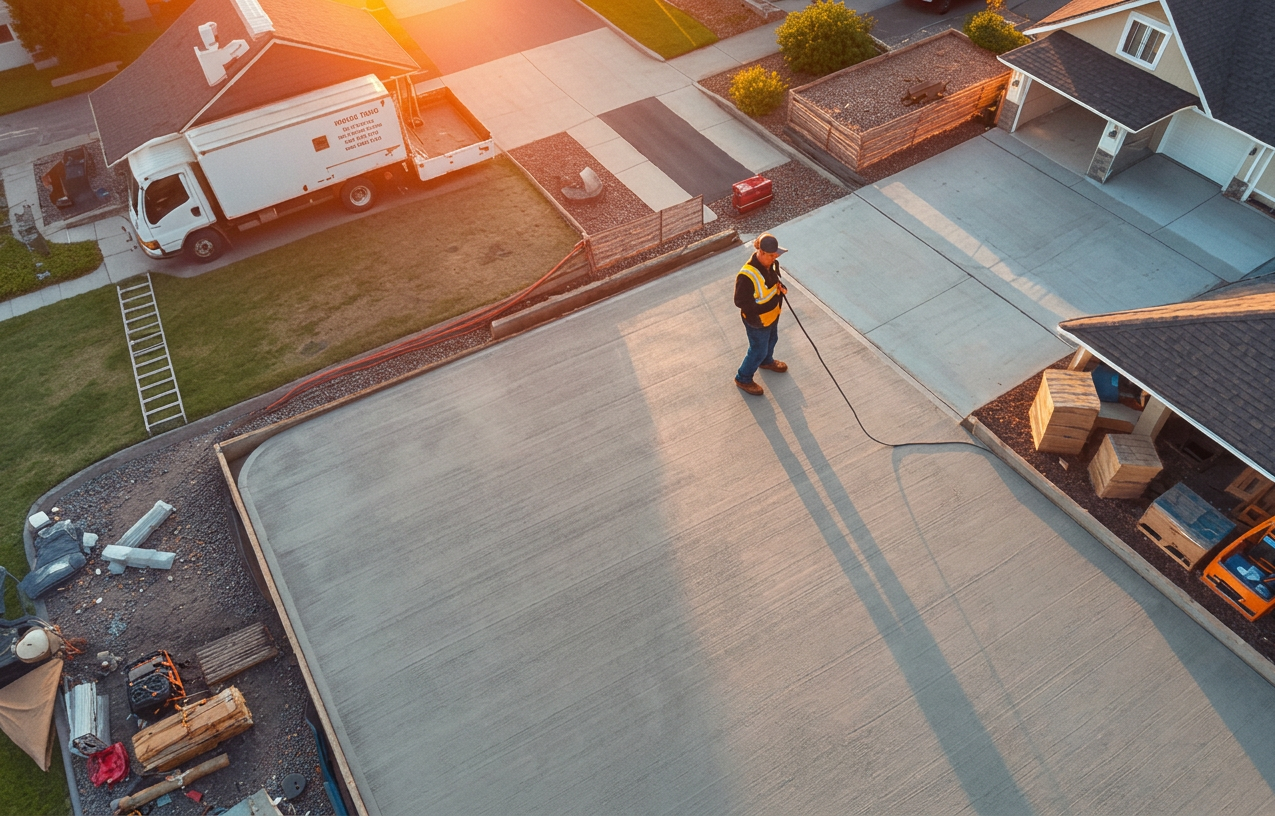 Fresh concrete driveway being poured