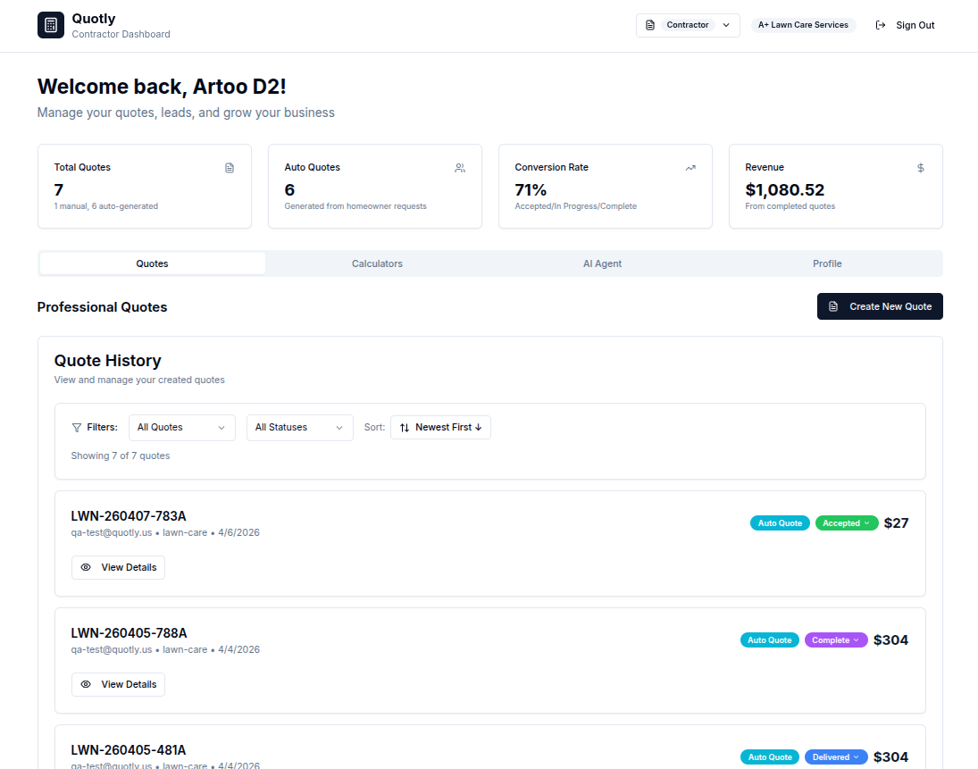 Contractor dashboard showing quote management table